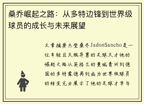 桑乔崛起之路：从多特边锋到世界级球员的成长与未来展望