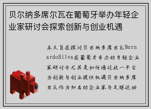 贝尔纳多席尔瓦在葡萄牙举办年轻企业家研讨会探索创新与创业机遇