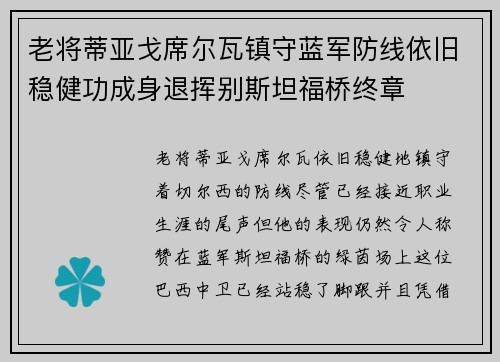 老将蒂亚戈席尔瓦镇守蓝军防线依旧稳健功成身退挥别斯坦福桥终章